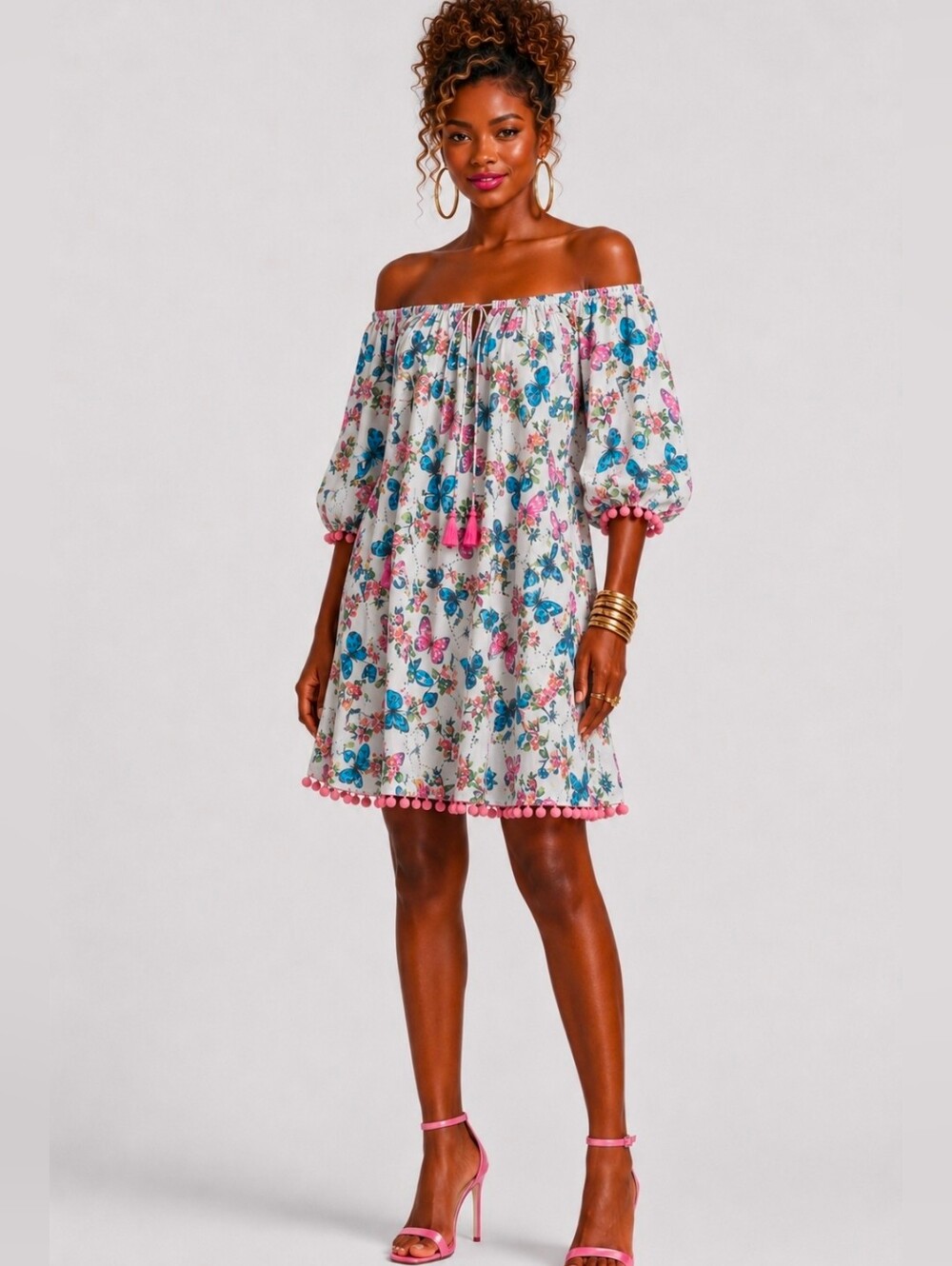 America And Beyond Butterfly Multicolor Print Off-Shoulder Dress Size MED New